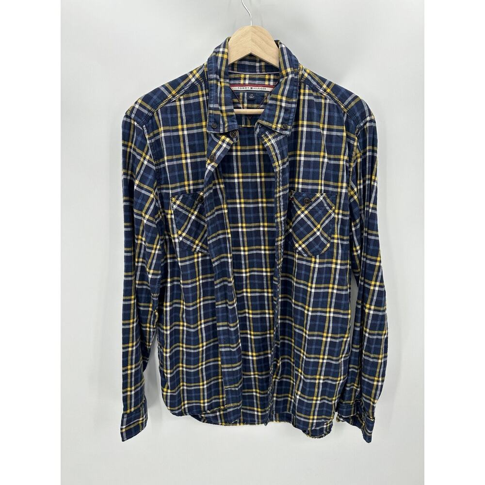 Tommy Hilfiger Mens Large Blue Yellow Plaid Flannel Long Sleeve‎ Button Up Shirt